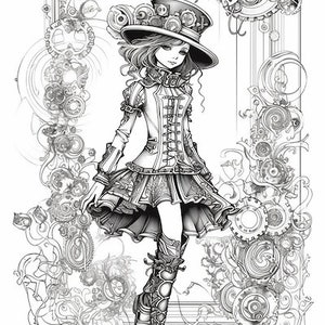 Steampunk Girl Coloring Book for Adults and Kids, Grayscale Coloring ...