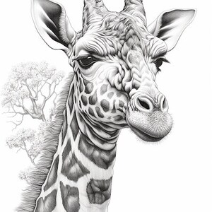 Puede incluir: Dibujo detallado a l&aacute;piz en blanco y negro de la cabeza y el cuello de una jirafa. La jirafa tiene un pelaje estampado y est&aacute; sobre un fondo blanco. Un &aacute;rbol es visible en el fondo.