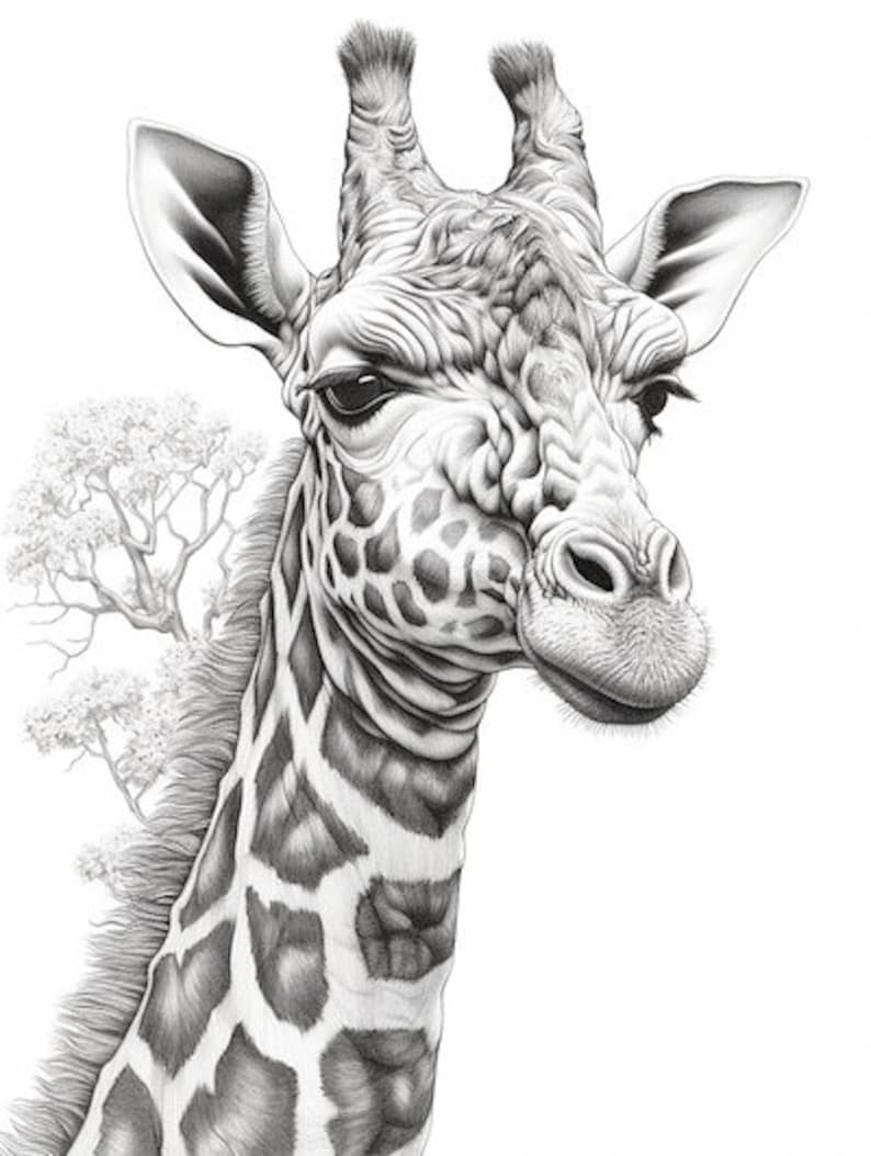 Puede incluir: Dibujo detallado a l&aacute;piz en blanco y negro de la cabeza y el cuello de una jirafa. La jirafa tiene un pelaje estampado y est&aacute; sobre un fondo blanco. Un &aacute;rbol es visible en el fondo.