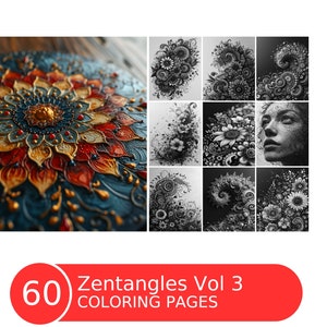 Zentangles Vol 3 Coloring Book for Adults and Kids, Grayscale Coloring Pages, Instant Download, Printable PDF File