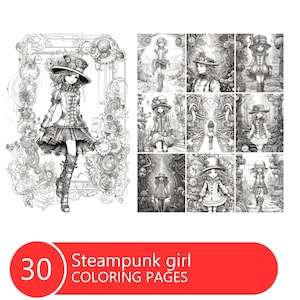 Steampunk girl Coloring Book for Adults and Kids, Grayscale  Coloring Pages, Instant Download, Printable PDF File