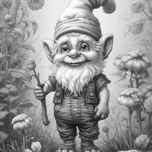 Cute Gnomes in the garden Coloring Book for Adults and Kids, Grayscale Coloring Pages, Instant Download, Printable PDF File image 3