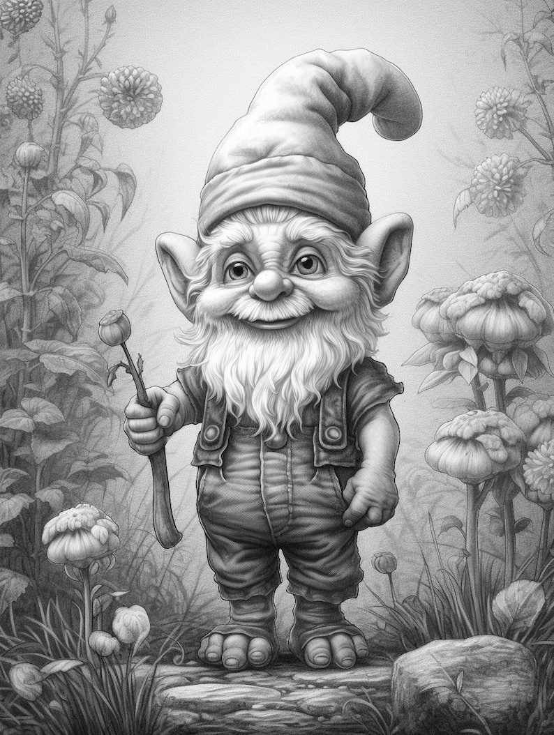 Cute Gnomes in the garden Coloring Book for Adults and Kids, Grayscale Coloring Pages, Instant Download, Printable PDF File image 3
