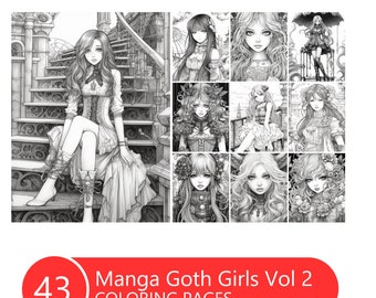May include: A coloring book with 43 pages featuring manga style goth girls. The cover shows a grid of nine black and white illustrations of girls with different hairstyles and clothing.