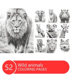 Wild Animals Grayscale Coloring Book: 52 Printable Pages (PDF File)