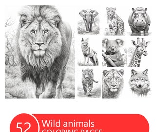 Wild Animals Coloring Book for Adults and Kids, Grayscale Coloring Pages, Instant Download, Printable PDF File
