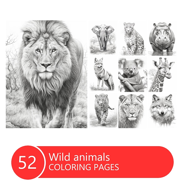 Puede incluir: Ilustraciones en blanco y negro de varios animales salvajes, como un le&oacute;n, un elefante y un leopardo. La imagen incluye el texto "52 Wild animals COLORING PAGES" en una pancarta roja.