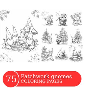 Patchwork Gnomes Coloring Book for Adults and Kids, Grayscale Coloring Pages, Instant Download, Printable PDF File