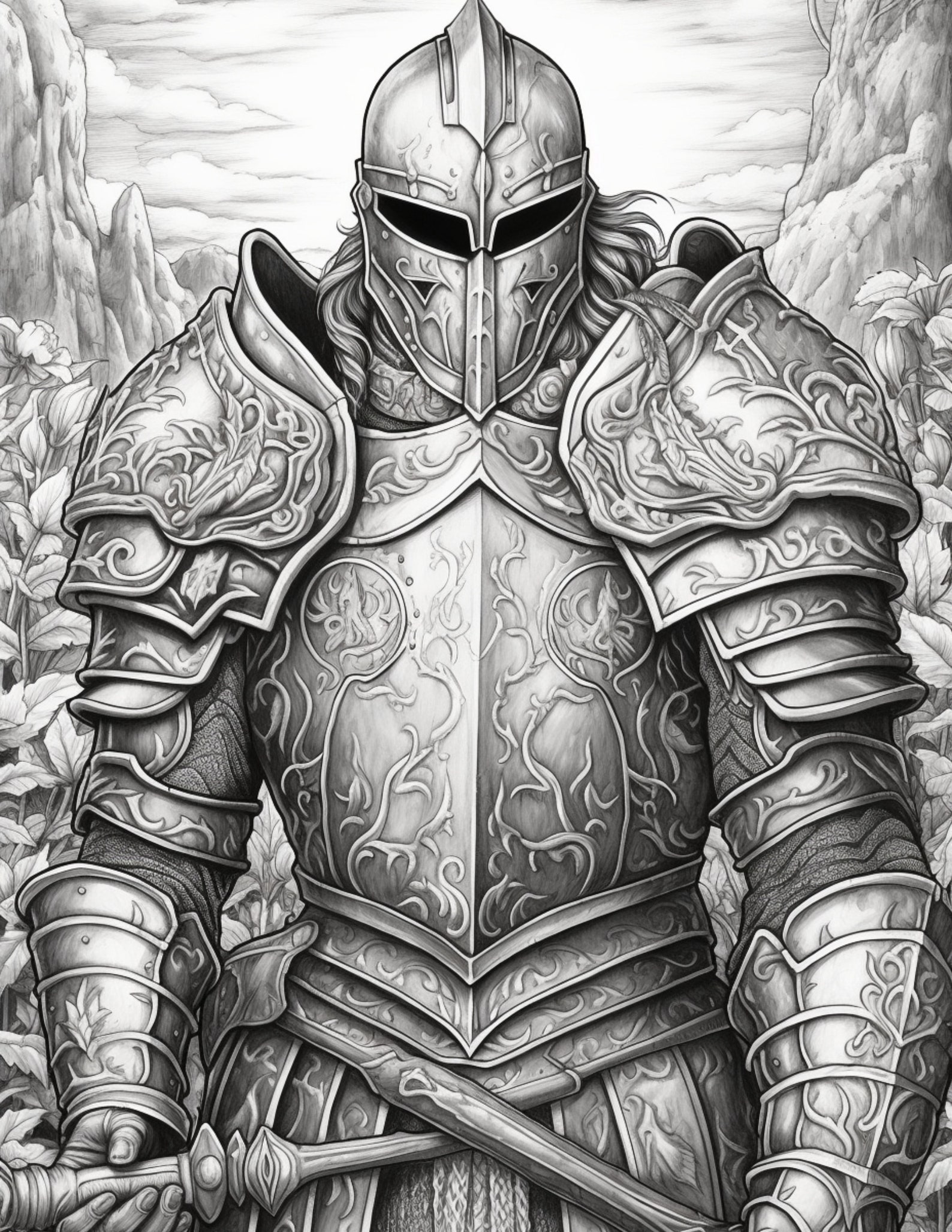 Knights Coloring Page for Adults and Teens Grayscale Coloring Etsy