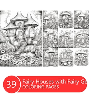 Mushroom houses Coloring Book for Adults and Kids, Instant Download, Grayscale Coloring Book
