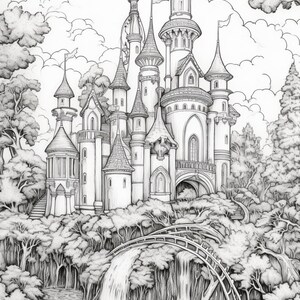 May include: A black and white pencil drawing of a fairytale castle with a waterfall and bridge in the foreground. The castle has many towers and windows and is surrounded by trees.