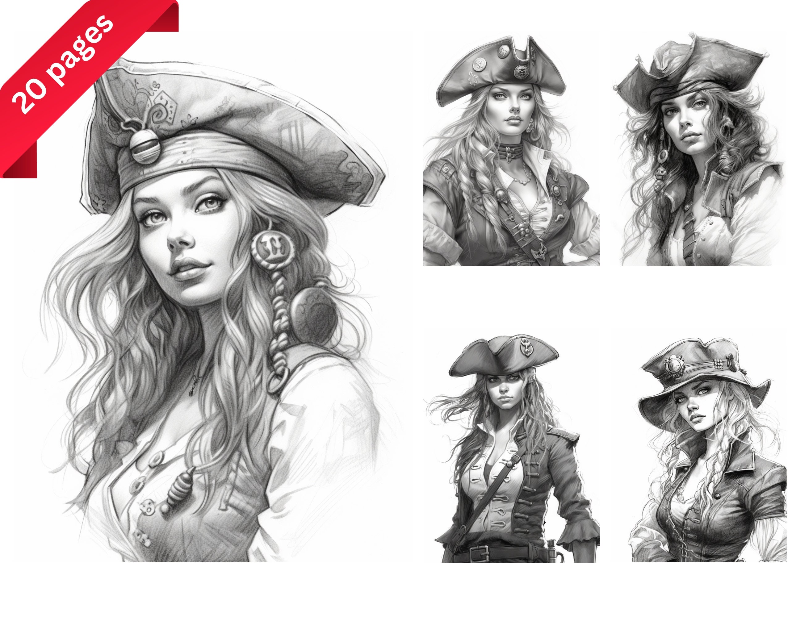 女性海賊の塗り絵：20ページ以上の印刷可能なアートページ（PDF