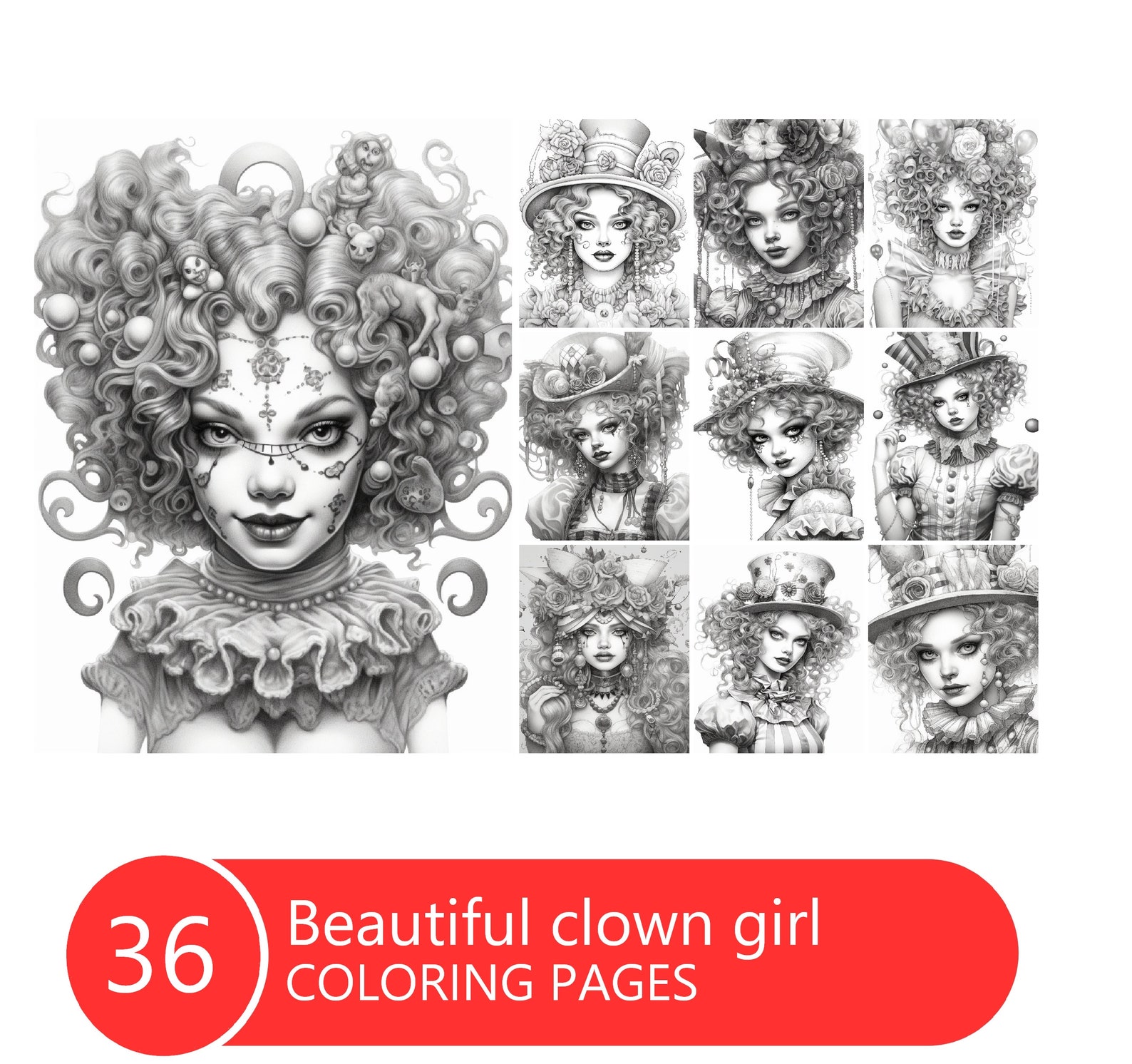 Beautiful Clown Girl Coloring Book for Adults and Kids Circus - Etsy