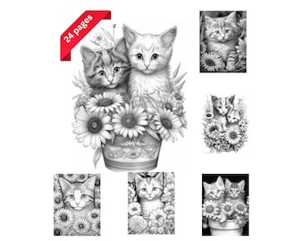 24 Cute Flower Cat Coloring Book, Adults Kids Coloring Pages, Instant Download, Grayscale Coloring Book, Printable PDF File