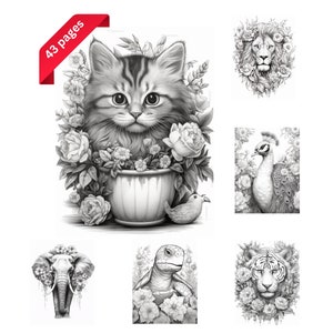 Cute Animals Grayscale Coloring Pages, Printable Adult Coloring Pages, Download Grayscale Illustration Coloring Book Set 2
