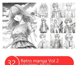 May include: A black and white coloring book with 32 pages featuring retro manga style illustrations of people. The cover features a young woman with long hair and a patterned dress.