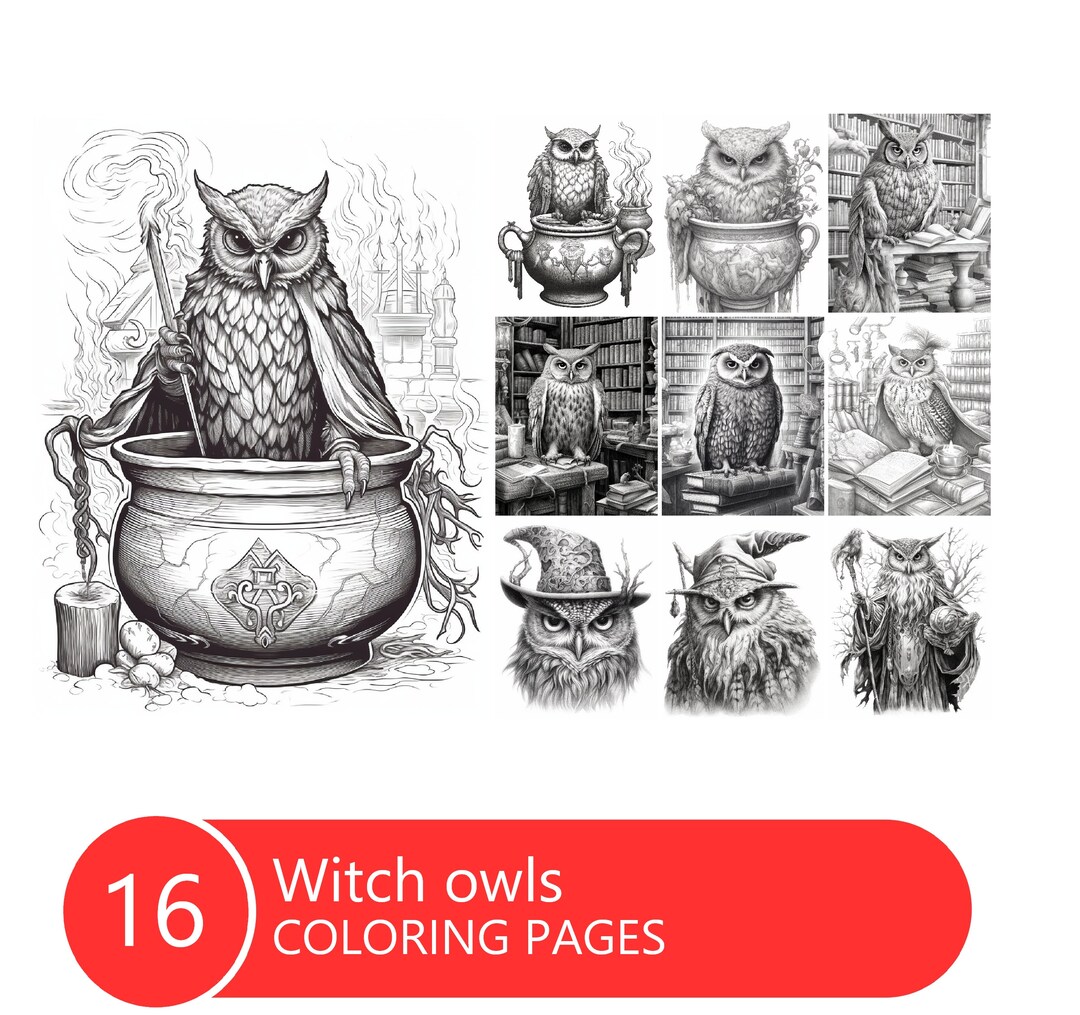 Witch Owls Coloring Book for Adults and Kids, Grayscale Coloring Pages ...