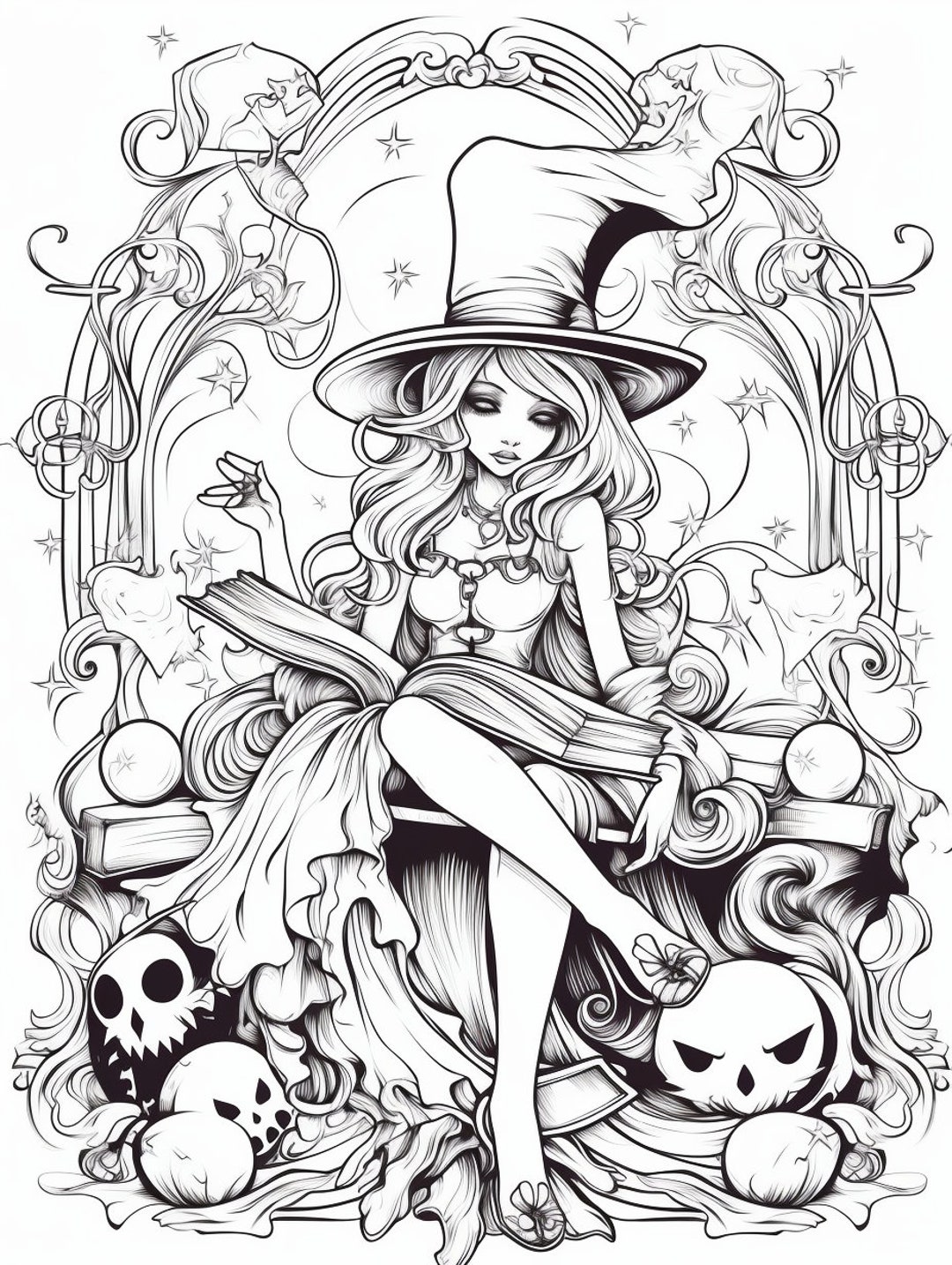 Witches Coloring Page for Adults and Teens, Grayscale Coloring Book ...