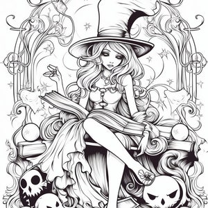 Witches Coloring Page for Adults and Teens, Grayscale Coloring Book, Instant Download, Printable PDF