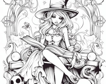 Witches Coloring Page for Adults and Teens, Grayscale Coloring Book, Instant Download, Printable PDF