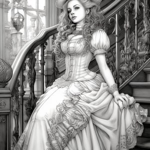 Victorian Women Coloring Pages for Adults and Teens, Grayscale Coloring ...
