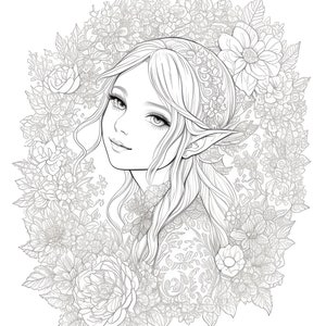May include: Line art illustration of a woman with long hair and pointed ears, surrounded by flowers. The woman is smiling, with detailed facial features. The floral border includes roses and other detailed blooms, creating a fantasy theme.