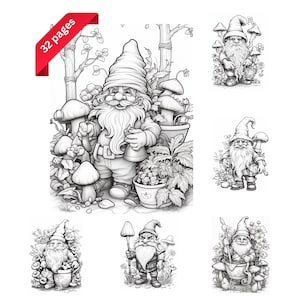 Garden Gnomes Grayscale Coloring Book for Adults & Teens (Printable PDF)