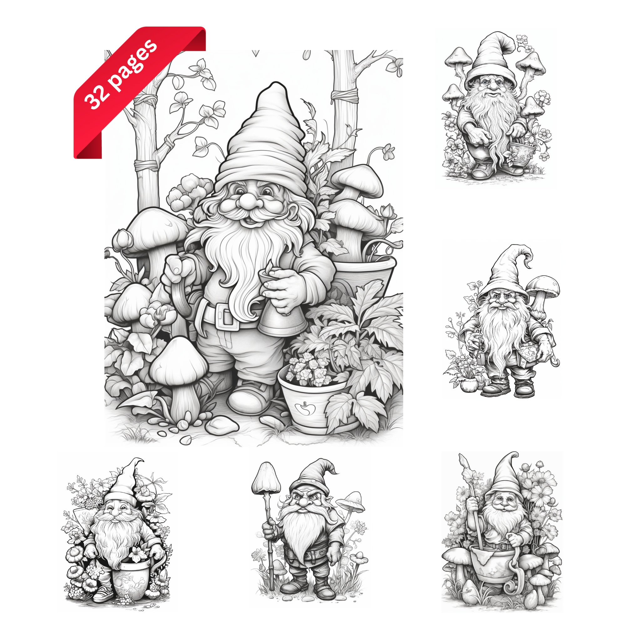 Garden Gnomes Coloring Book for Adults, Teens, Instant Download ...