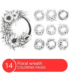 Floral wreath Coloring Book for Adults and Kids, Grayscale  Coloring Pages, Instant Download, Printable PDF File