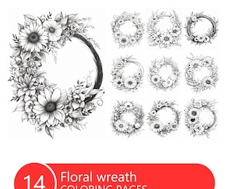 Floral wreath Coloring Book for Adults and Kids, Grayscale  Coloring Pages, Instant Download, Printable PDF File