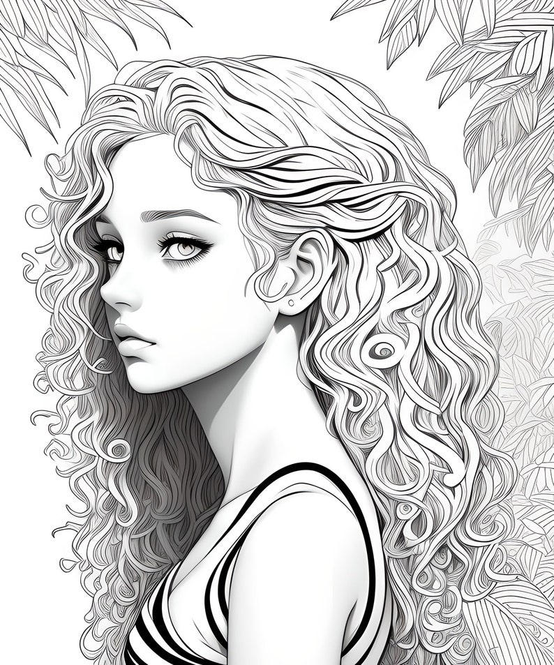 May include: Black and white illustration of a woman with long, curly hair. She is wearing a striped top. The artwork is detailed, with shading and highlights. The background features stylized foliage.