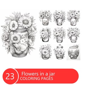 Flowers in a Jar Coloring Book for Adults and Kids, Grayscale Coloring Pages, Instant Download, Printable PDF File
