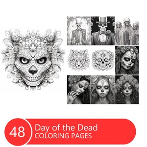 Day of the Dead Coloring Book for Adults and Kids, Grayscale Coloring Pages, Instant Download, Printable PDF File