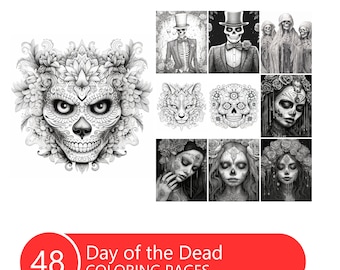 Day of the Dead Coloring Book for Adults and Kids, Grayscale Coloring Pages, Instant Download, Printable PDF File