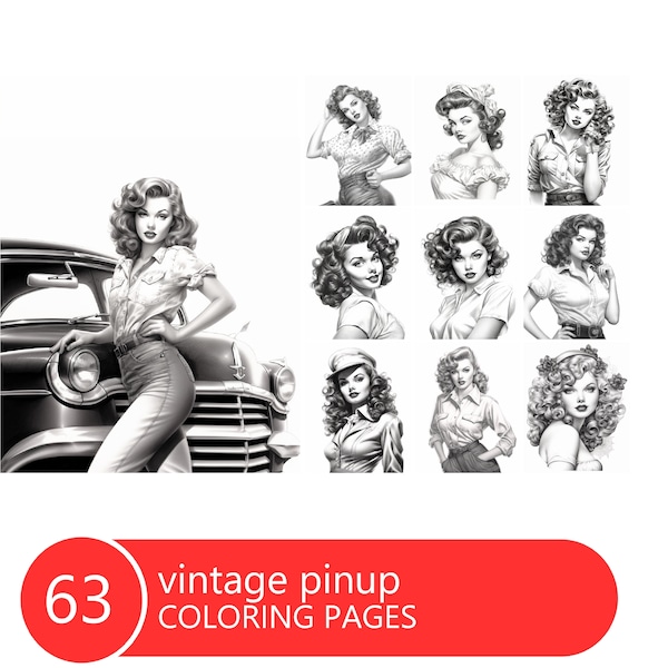 Vintage Pinup Coloring Book for Adults and Kids, Grayscale Coloring Pages, Instant Download, Printable PDF File