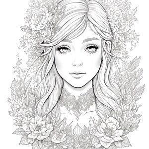 May include: A detailed black and white illustration of a woman's face surrounded by floral elements. The woman has long flowing hair and a decorative floral collar. The image is a line drawing, suitable for coloring or artistic projects.