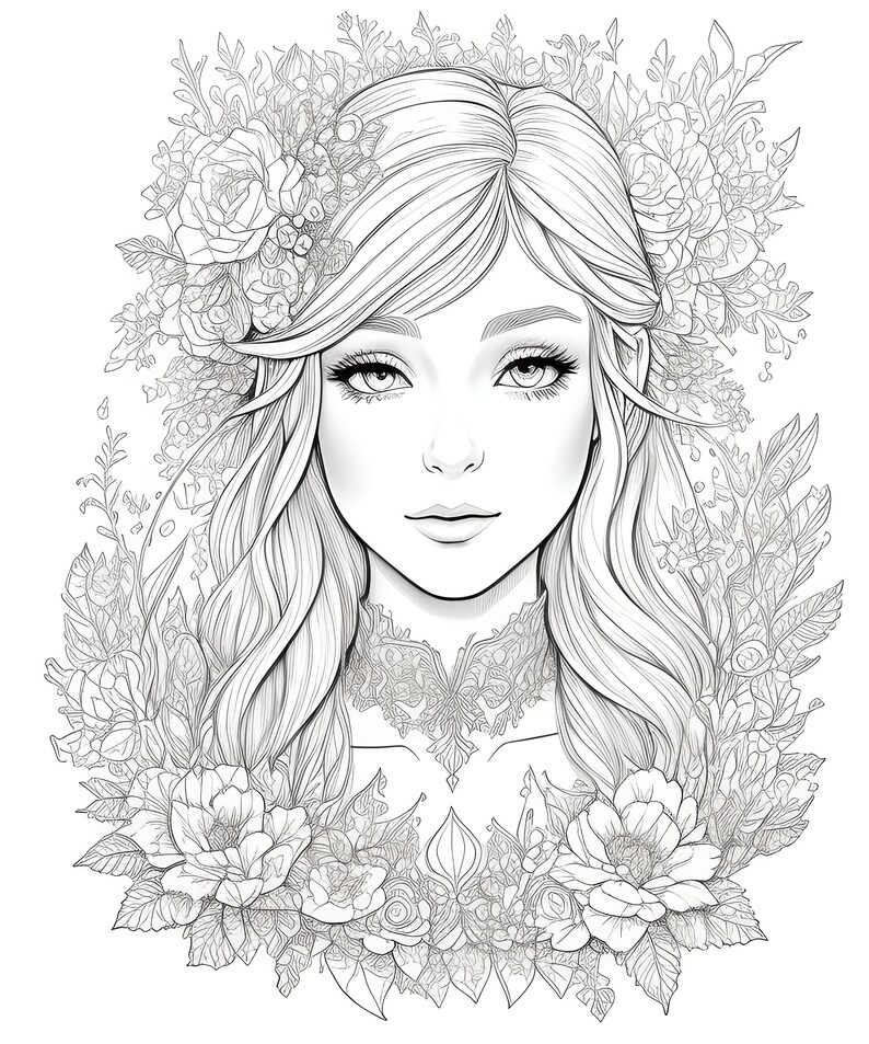 May include: A detailed black and white illustration of a woman's face surrounded by floral elements. The woman has long flowing hair and a decorative floral collar. The image is a line drawing, suitable for coloring or artistic projects.