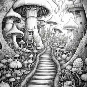 May include: A black and white pencil drawing of a whimsical forest scene with a winding staircase leading up to a series of mushroom houses. The mushrooms are large and have detailed textures, and the forest is filled with lush foliage.