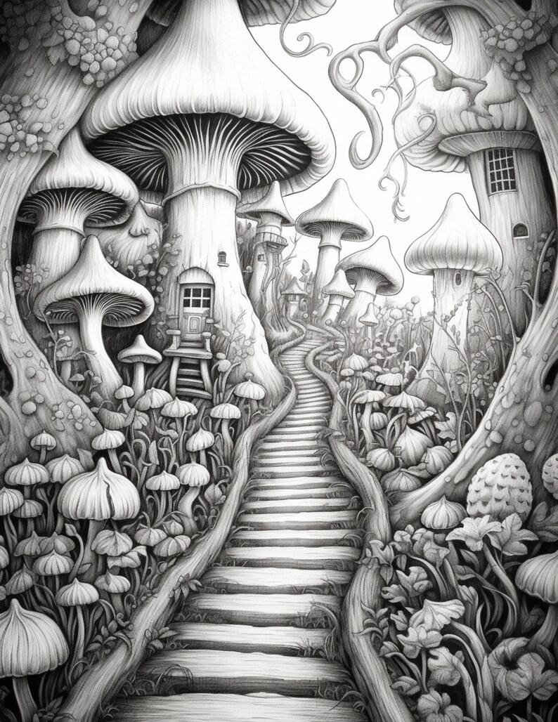 May include: A black and white pencil drawing of a whimsical forest scene with a winding staircase leading up to a series of mushroom houses. The mushrooms are large and have detailed textures, and the forest is filled with lush foliage.