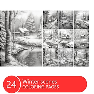 Winterszenen Malbuch für Erwachsene und Kinder, Graustufen Malvorlagen, Sofort Download, Druckbare PDF Datei