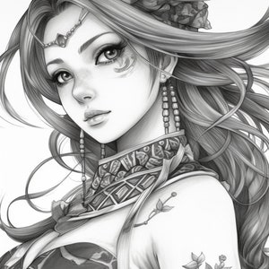 May include: A black and white pencil drawing of a woman with long flowing hair, wearing a patterned headscarf and a detailed necklace. She has a floral design tattooed on her arm.