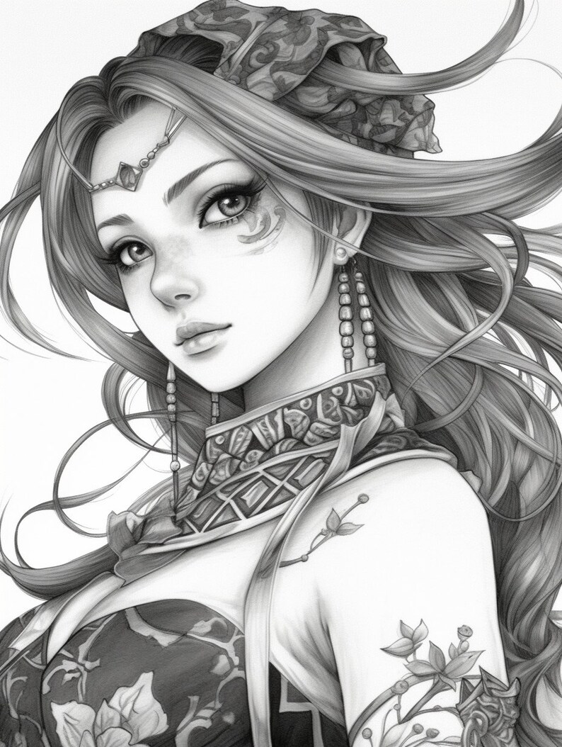 May include: A black and white pencil drawing of a woman with long flowing hair, wearing a patterned headscarf and a detailed necklace. She has a floral design tattooed on her arm.