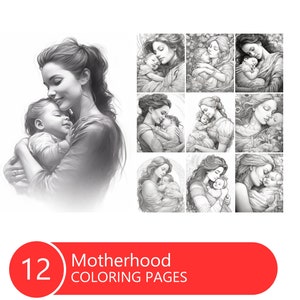 Motherhood Coloring Book for Adults and Kids, Grayscale Coloring Pages, Instant Download, Printable PDF File