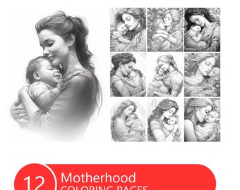 Motherhood Coloring Book for Adults and Kids, Grayscale Coloring Pages, Instant Download, Printable PDF File