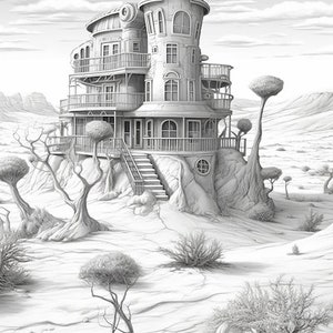 Desert Homes Coloring Book for Adults and Kids, Grayscale Coloring ...