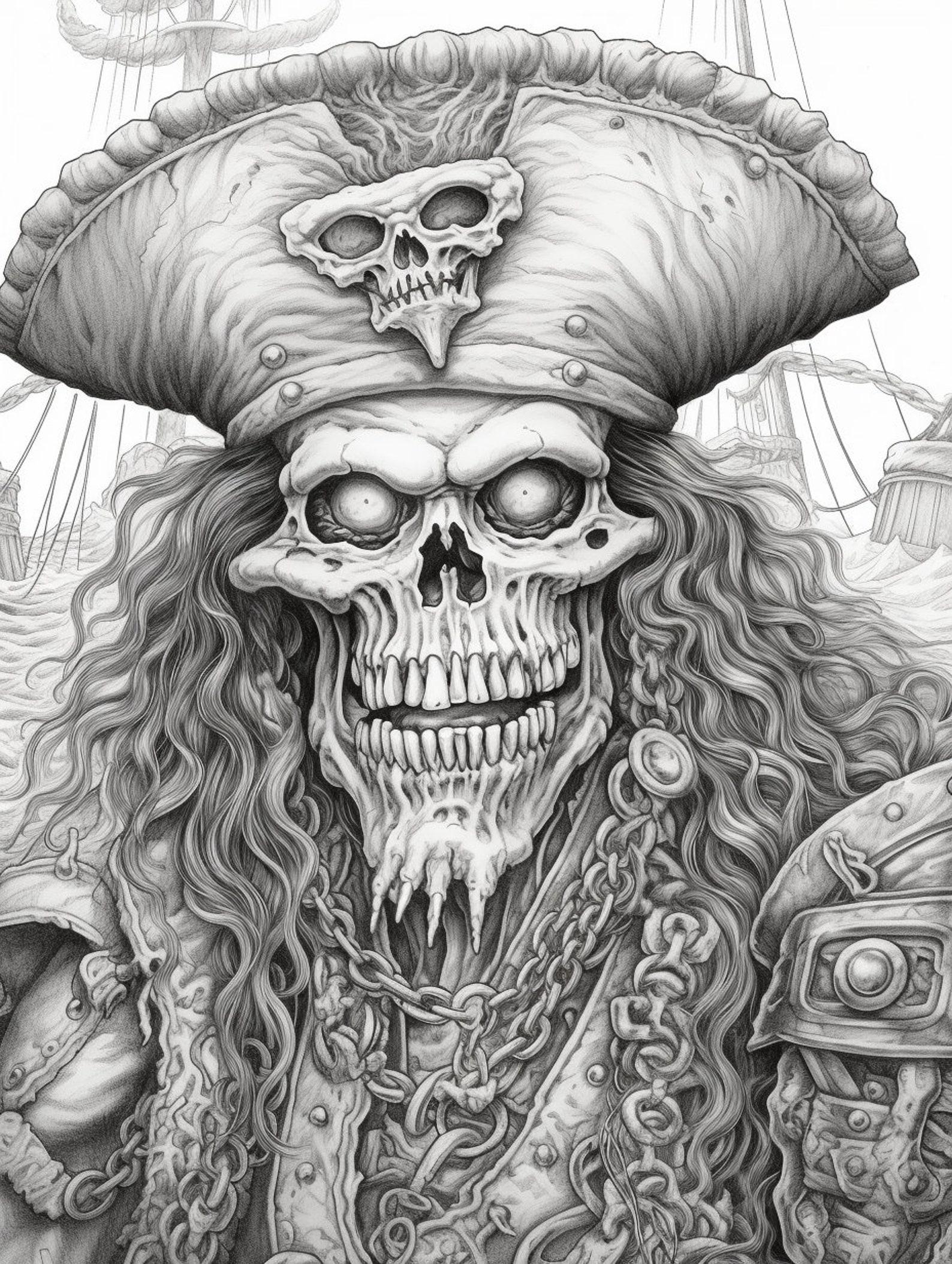 Zombie Pirates Coloring Book for Adults and Kids, Grayscale Coloring ...