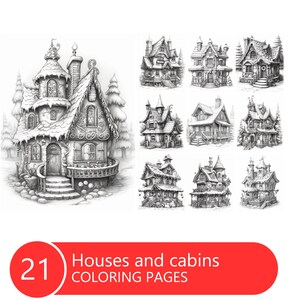 Houses and Cabins Coloring Book for Adults and Kids, Grayscale Coloring Pages, Instant Download, Printable PDF File