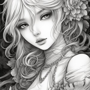 May include: A black and white drawing of a woman with long, flowing hair. She is wearing a necklace and a flower in her hair. The background is a dark, floral pattern.