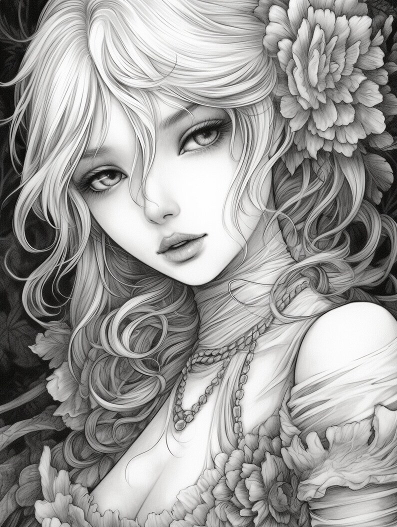 May include: A black and white drawing of a woman with long, flowing hair. She is wearing a necklace and a flower in her hair. The background is a dark, floral pattern.
