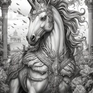 Puede incluir: Ilustraci&oacute;n detallada en escala de grises de un majestuoso unicornio. El unicornio est&aacute; adornado con una armadura ornamentada y una corona enjoyada. El fondo presenta arquitectura cl&aacute;sica, flores y p&aacute;jaros, creando un tema de fantas&iacute;a.